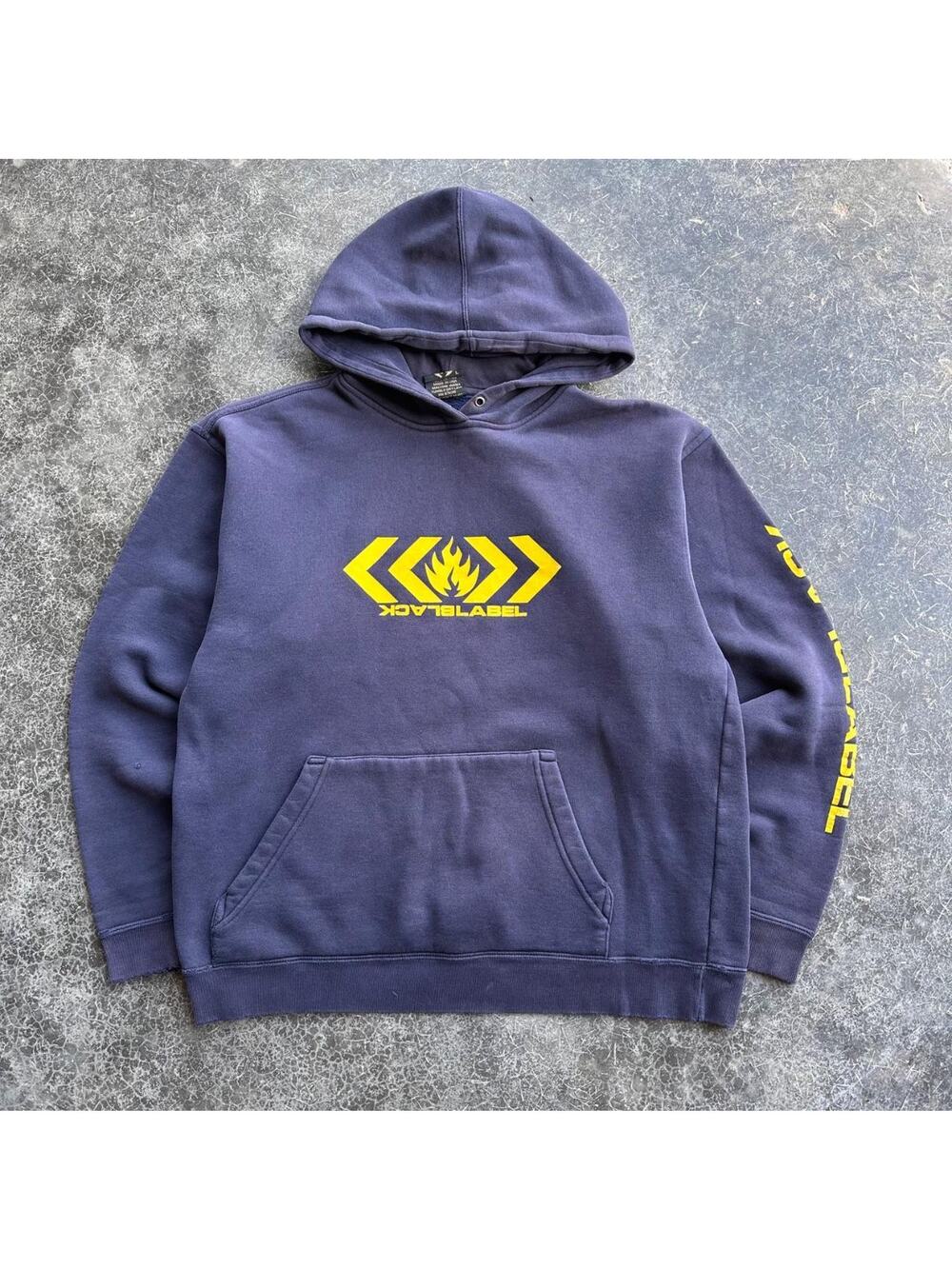 Vintage 90s Black Label Skateboards Navy Sleeve Print Surf/Skate Hoodie Large
